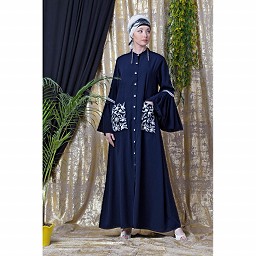Front open embroidery abaya with Bell sleeves- Navy Blue